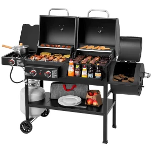 2-Burner Gas and Charcoal Combo Grill with Offset Smoker & Side Burner